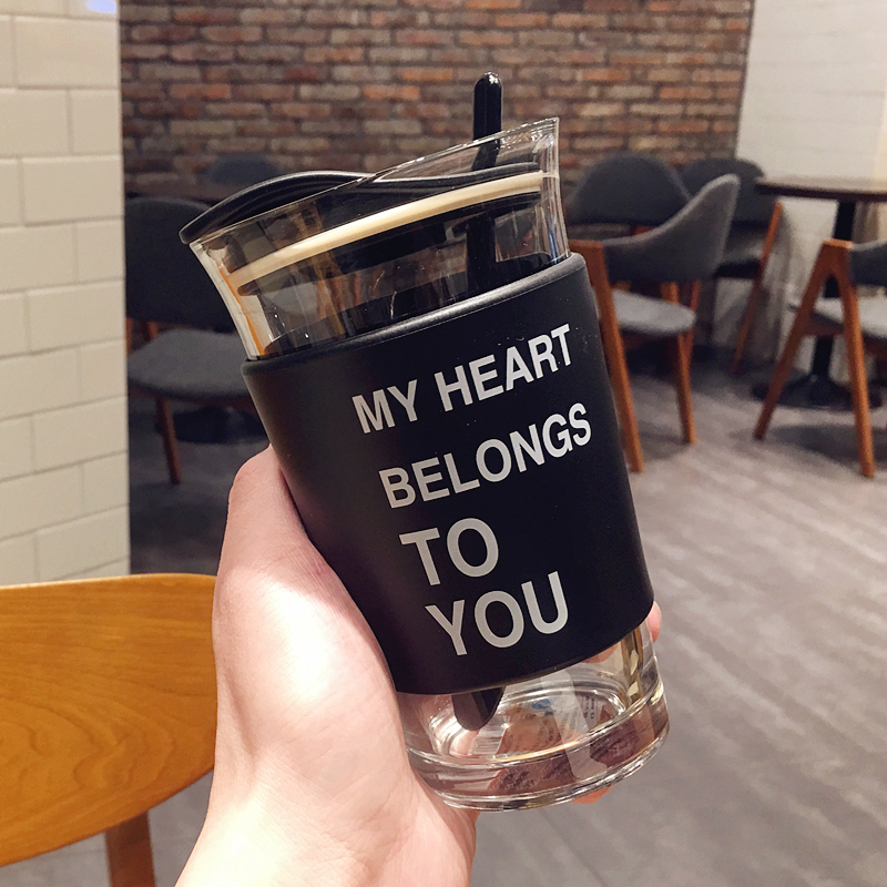 韩版创意潮流玻璃杯男女学生情侣带盖勺水杯简约早餐牛奶咖啡杯子