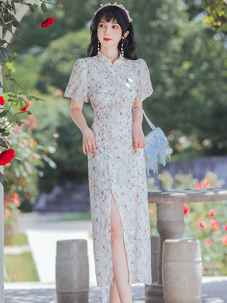 夏天旗袍2021新款法式复古改良版收腰碎花开叉连衣裙优雅日常5571