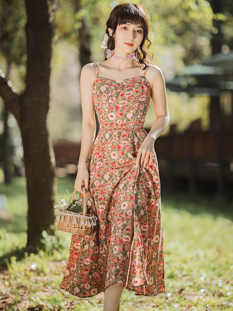 夏季女法式复古小众设计感温柔碎花连衣裙修身显瘦气质吊带裙9100