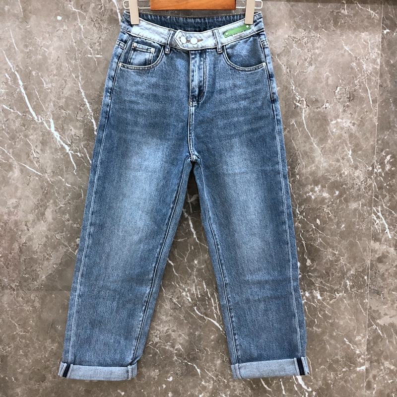 jeans春款afn阿凡牛1654牛仔裤女蓝色水洗渐变色哈伦直筒男友裤