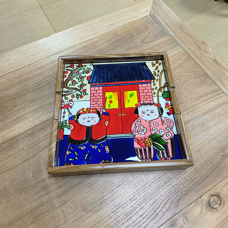 民俗手绘瓷器实木托盘茶盘方形茶台中式风家居装饰摆件收纳盘礼物