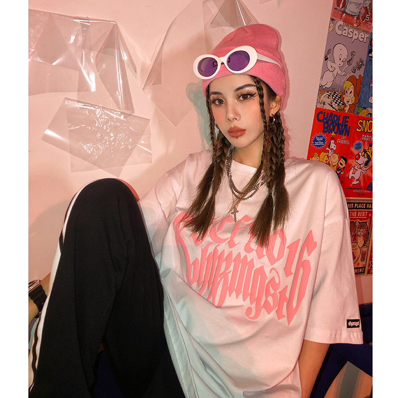 vibe短袖t恤女宽松白色2022夏季新款情侣oversize嘻哈ins潮牌上衣