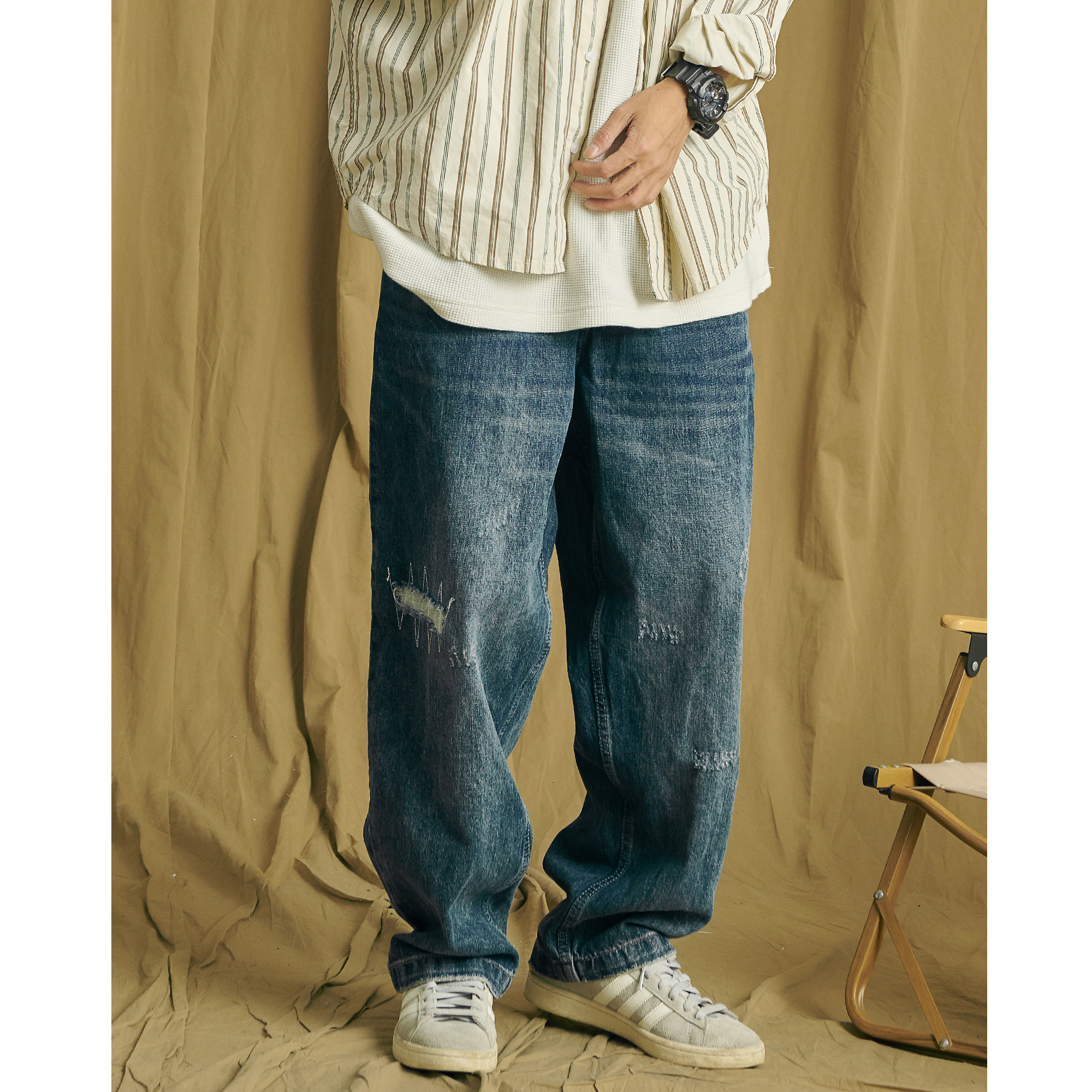 deehp 陈冠希同款破洞日系潮牌宽松牛仔裤男复古直筒休闲牛仔长裤