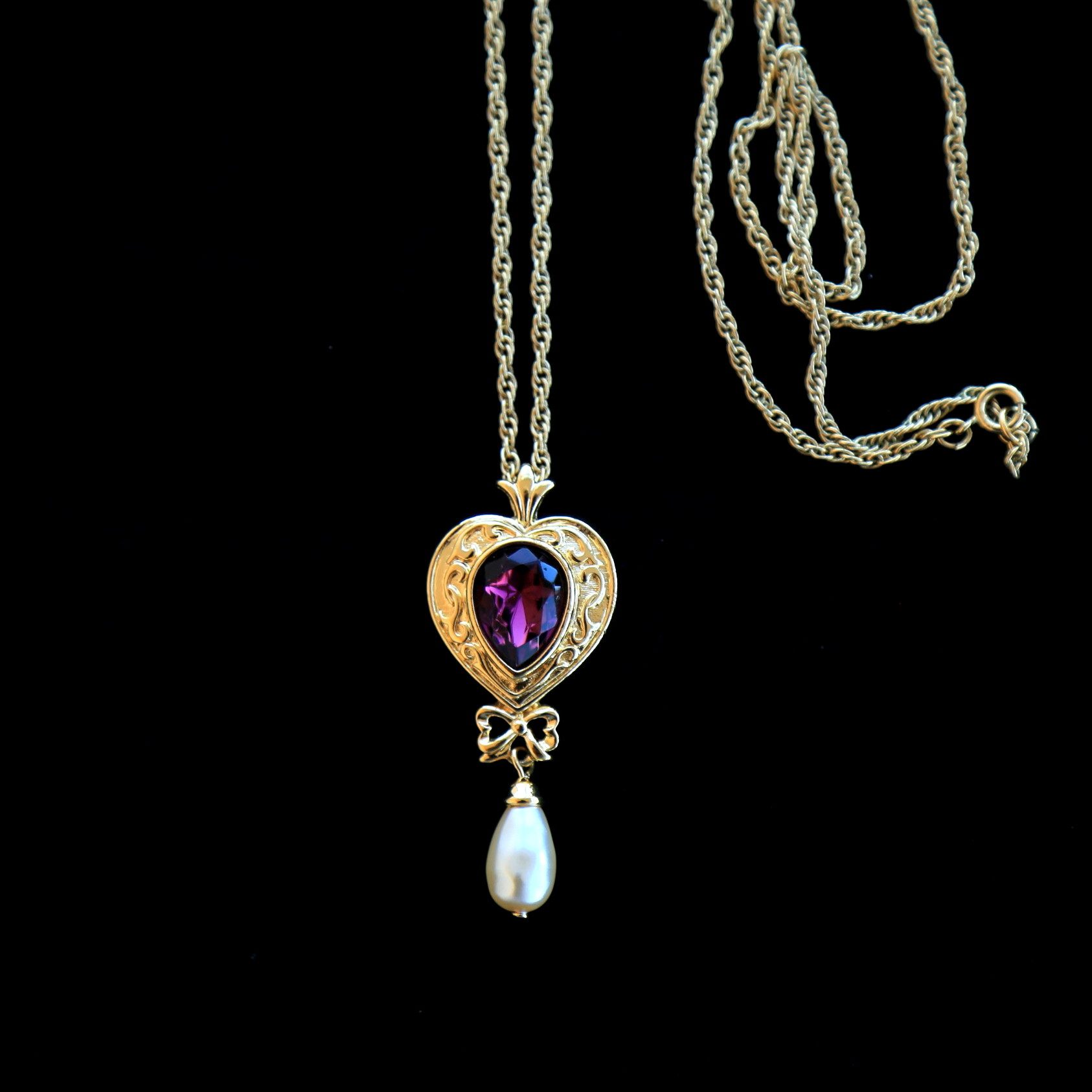 复古大衣vintage 中古饰品 紫宝石心形珍珠吊坠项链 精致美丽d14