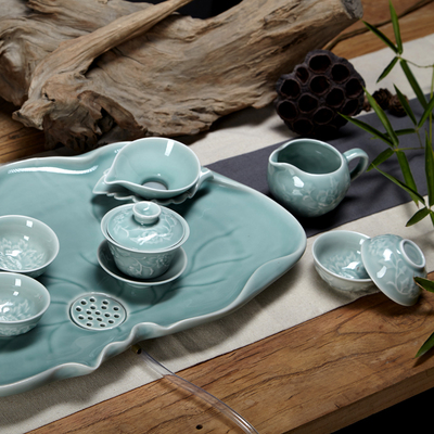 青瓷圆形荷叶茶盘自排水青釉浮雕整套功夫茶具龙泉青瓷系列套装
