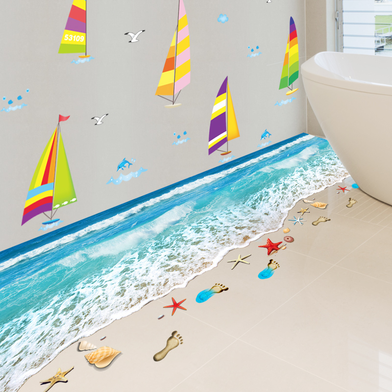 浴室卫生间地板贴防水室内装饰品自粘墙贴画厕所贴纸3D沙滩海浪花