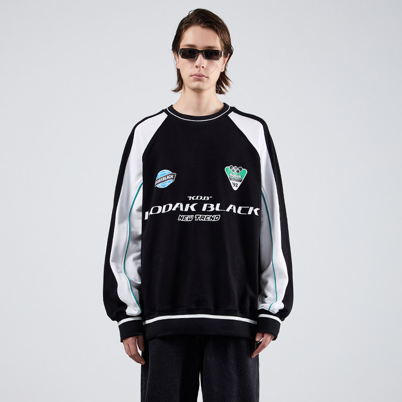 kodakblack插肩冰球服套头圆领撞色卫衣美式潮宽松长袖上衣男