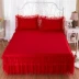Cotton phiên bản Hàn Quốc của công chúa váy ren mùa xuân và mùa hè một mảnh cotton kỷ niệm đám cưới màu đỏ giường bìa ba lớp bánh giường - Váy Petti