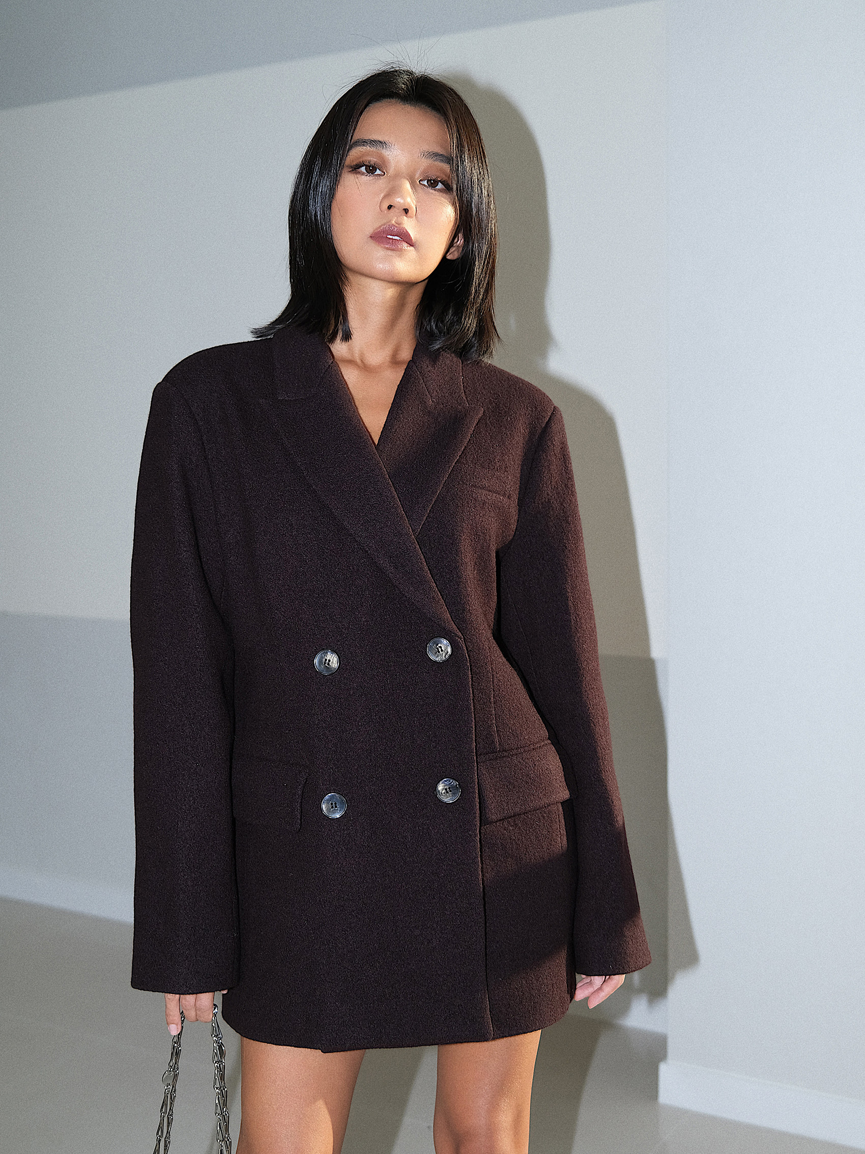 miranda song 欧美宽松秋冬新款休闲双排扣羊毛阔肩潮西装外套女