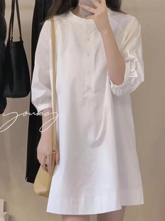 法式时尚白色衬衫连衣裙女夏新款泡泡袖高级感气质圆领中长款裙子