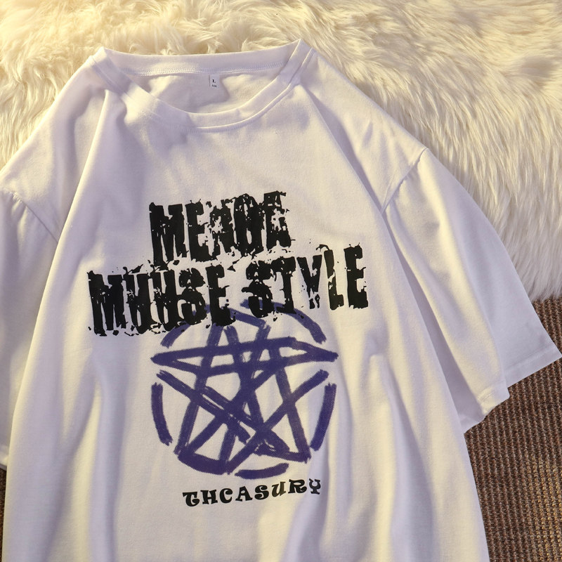 实拍  6535棉 ins复古潮流夏季暗黑星星印花宽松短袖T恤女