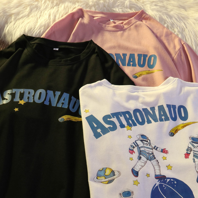 实拍  6535棉 夏季2021新款涂鸦印花宽松韩版短袖T恤女上衣