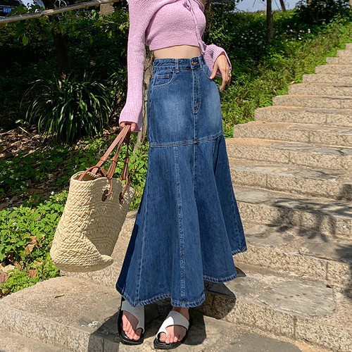 价2022年春夏新款复古牛仔长裙女a字显瘦鱼尾半身裙,女装半身裙,灿烂
