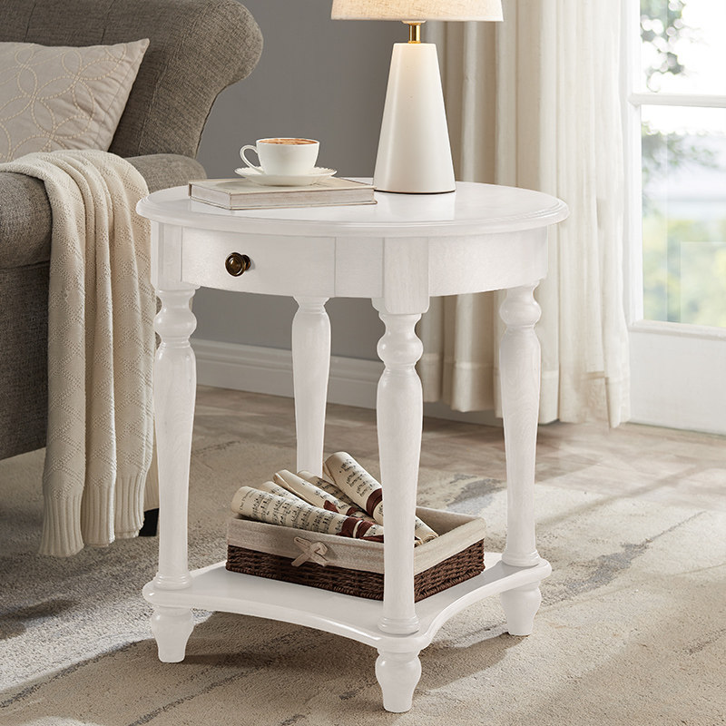 实木沙发边几边桌客厅角几简约小圆桌原木圆形小茶几白色欧式边柜