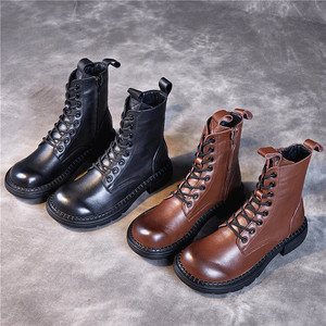 真皮平底小短靴女秋冬季二棉鞋百搭防滑软底英伦风宽头高腰马丁靴