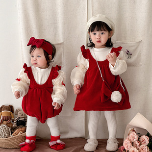 婴儿套装冬装女宝宝衣服加绒公主裙子爬服周岁礼服拜年服新年圣诞