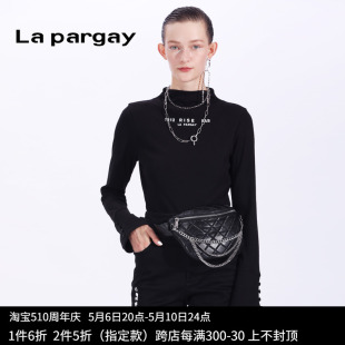 Lapargay纳帕佳2024新款女春季黑白色印花长袖休闲T恤显瘦上衣潮