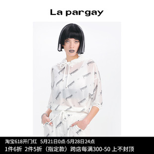 Lapargay纳帕佳2023新款女装黑白色上衣个性时尚薄款印花连帽卫衣