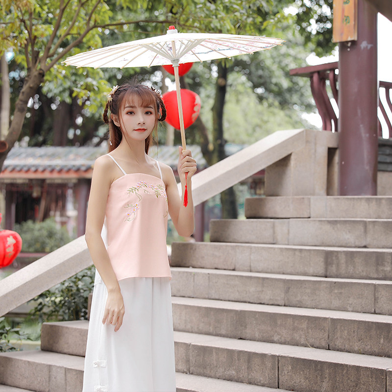 实拍2019中国风绣花百搭抹胸吊带松紧腰雪纺唐装阔腿裤套装