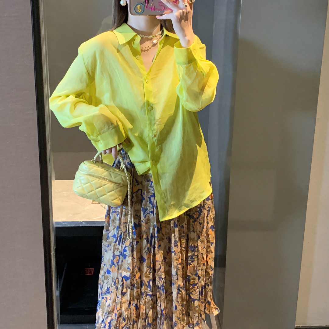 tatami韩国东大门春装 简约黄绿色衬衫女百搭时尚轻薄春夏上衣