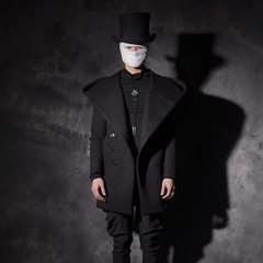韩国冬装新款男士双排扣中长款大衣 个性大帽子韩版修身潮男外套