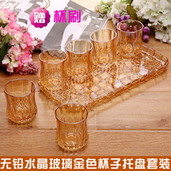 包邮水晶果盘长方形玻璃托盘欧式玫瑰花金色杯盘茶具平盘时尚礼品