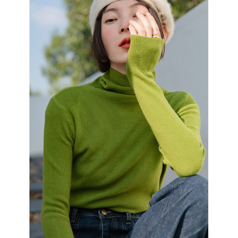 eggka高领针织打底衫女内搭秋冬2021新款堆堆领绿色长袖修身上衣