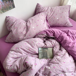 紫色小樱桃全棉针织棉四件套 超软糯裸睡天竺棉被套床单三件套1.8