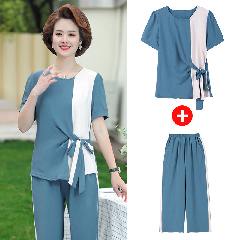 中年人妇女nv夏装30妈妈装40到45至50岁左右婆婆60上衣裤子一套装
