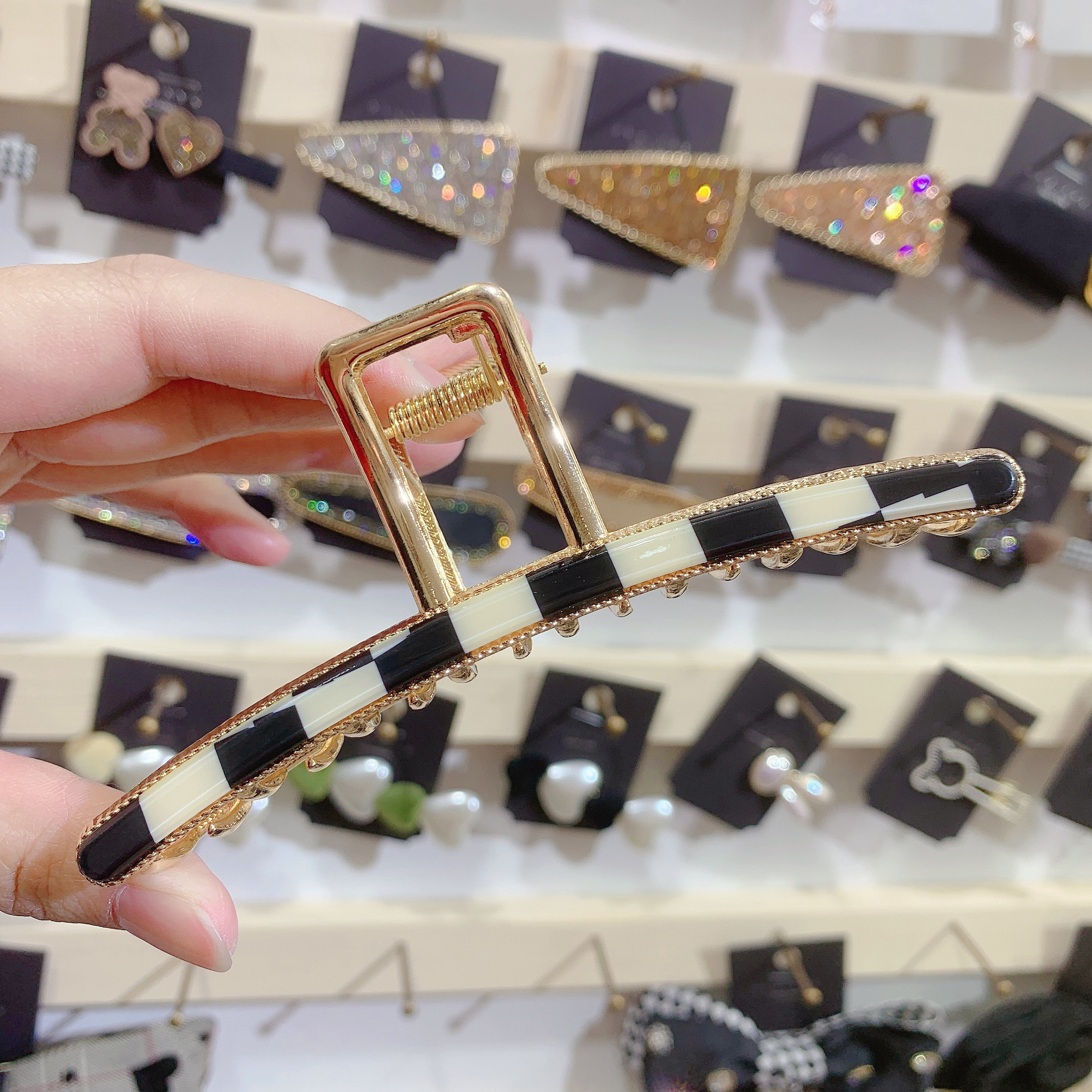 夹子头饰发饰韩国东大门棋盘格气质大号金属抓夹后脑勺发抓新款潮