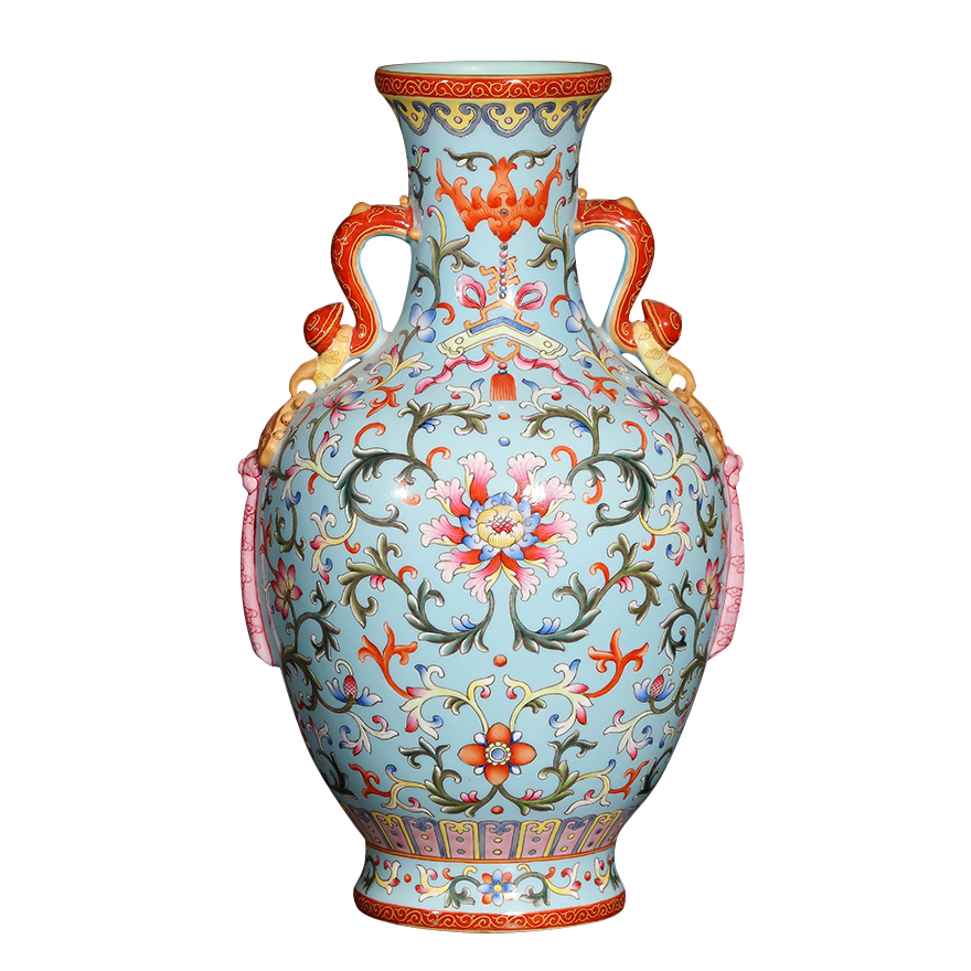 珐琅彩蓝地缠枝莲纹如意耳飘带瓶 故宫博物院修复专家 阳士琦