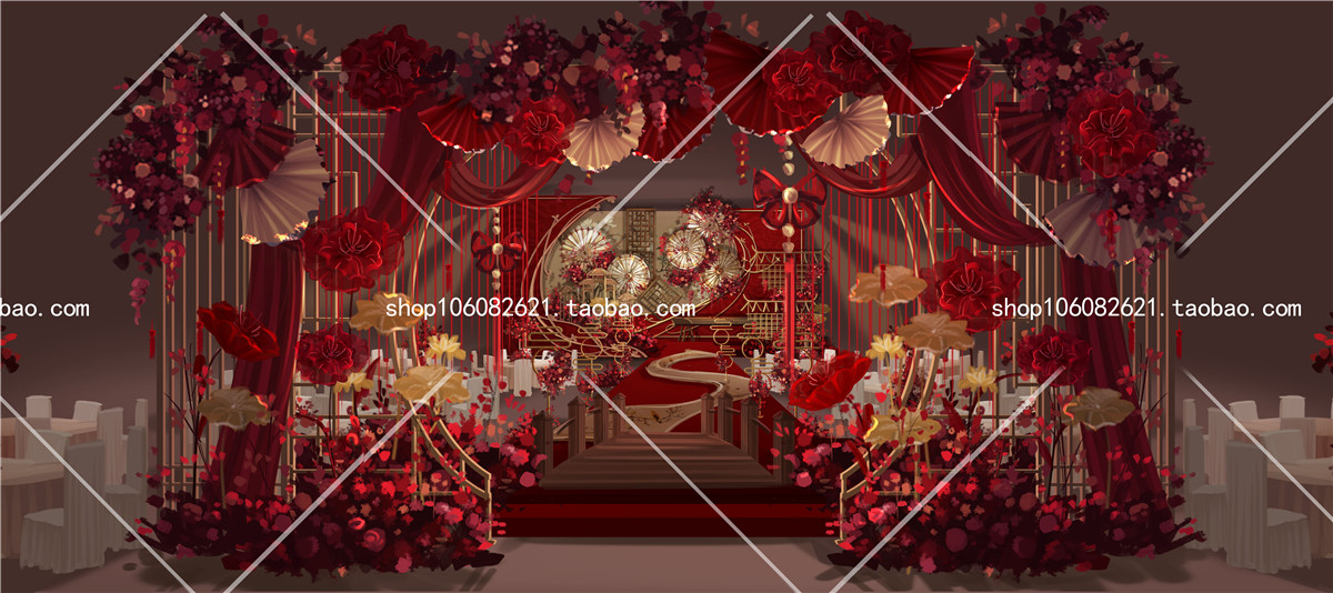 中式红色唯美仪式区婚礼设计效果图方案婚庆策划效果图psd源文件