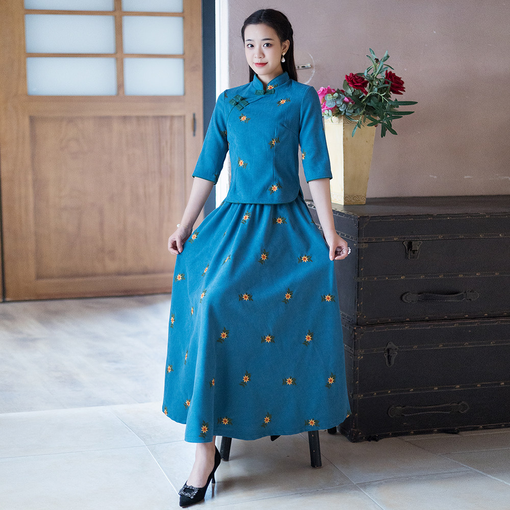2022年春秋新款中国风大码复古民国风旗袍上衣改良半身裙两件套女