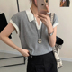 撞色翻领亚麻冰丝针织衫女欧洲站2025夏装新款欧货女装短袖小衫潮