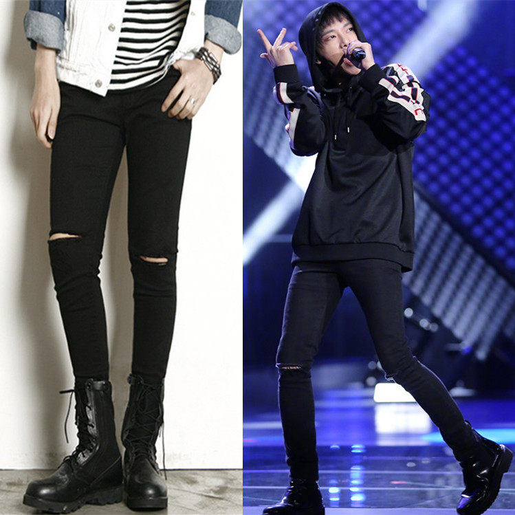 膝盖破洞牛仔裤男一字破_华晨宇天籁之战同款黑色裤子青少年膝盖一字