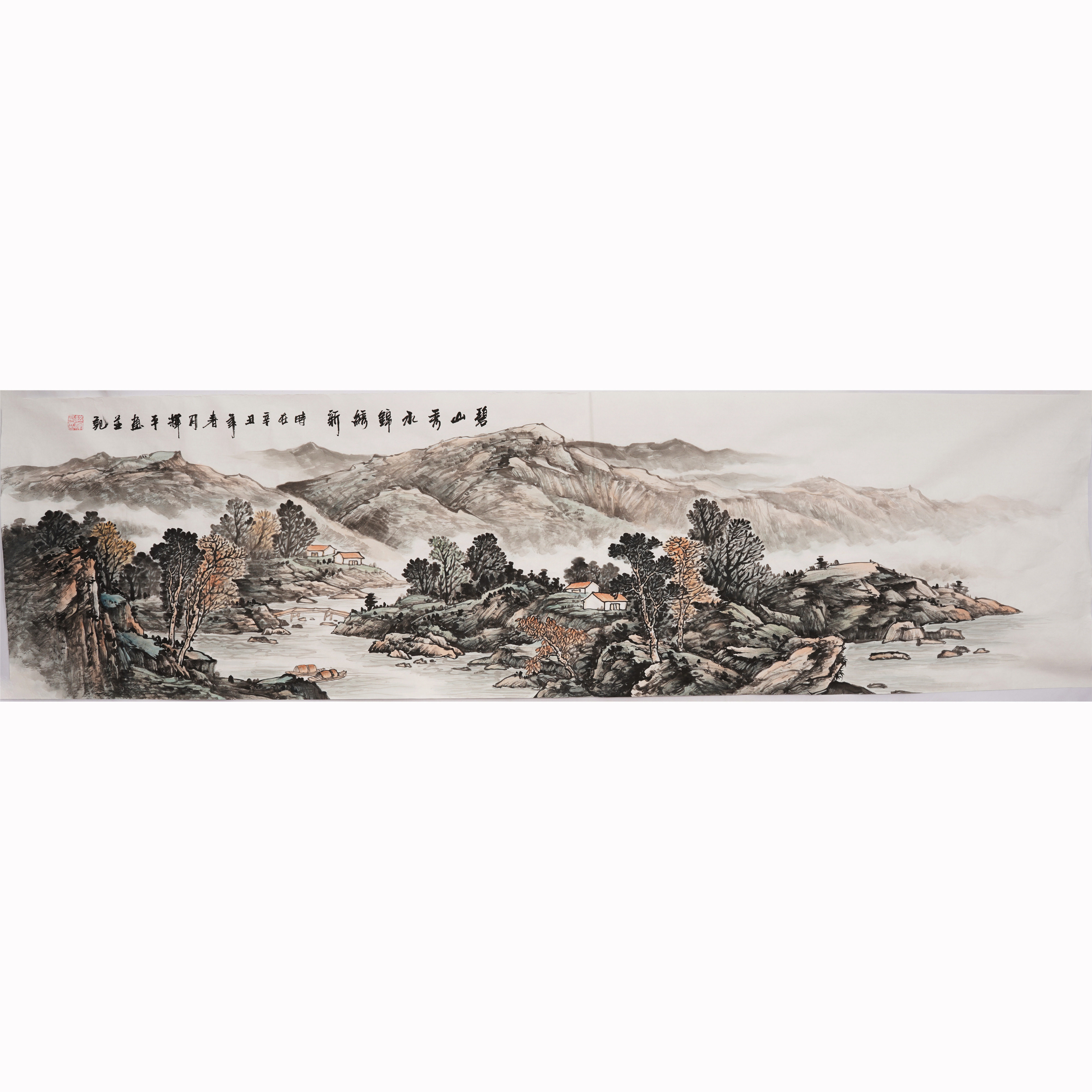 六尺对开纯手绘山水画心真迹办公室壁画泼彩国画客厅聚宝盆画