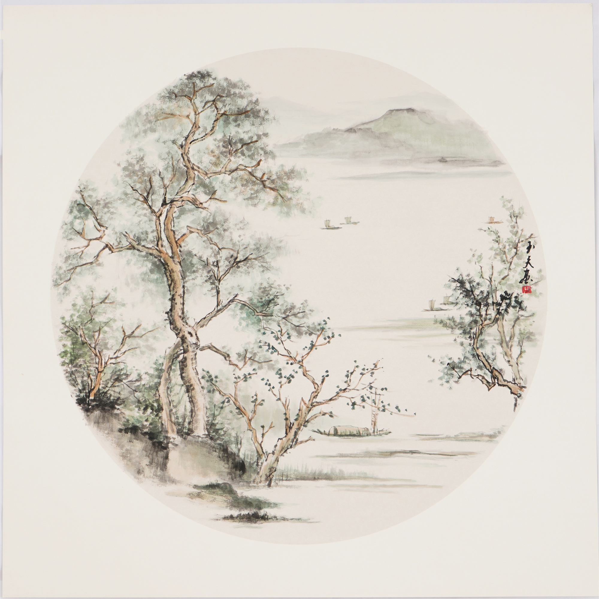 禅意山水画纯手绘国画斗方已裱卡纸客厅装饰画石玉夫真迹00008