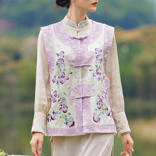 新中式女装国风衬衣马甲唐装汉服重工刺绣上衣醋酸复古马夹小外套