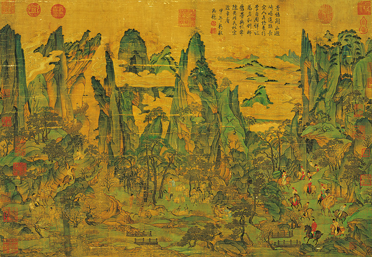 唐李昭道明皇幸蜀图国画青绿山水人物横幅绢画国画