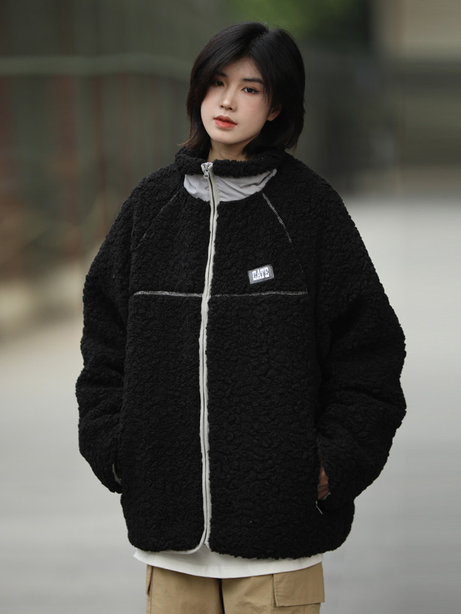 你初恋老王羊羔绒翻领加厚秋冬季棉衣男女休闲保暖摇粒绒外套潮牌