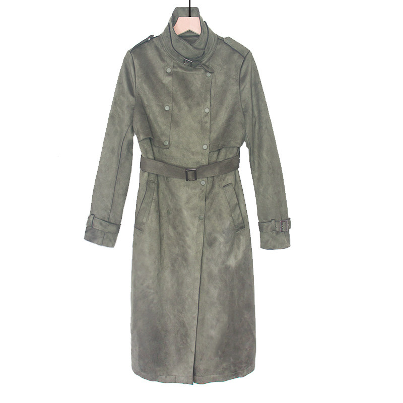 鹿皮绒风衣外套秋冬女中长款气质大衣百搭双排扣修身版型ol风腰带