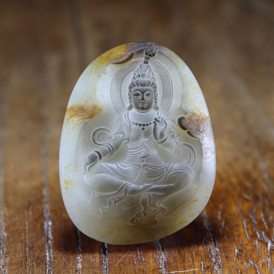 新疆和田玉白玉籽料羊脂玉精品挂件苏工大师红皮观音籽玉西枫玉雕