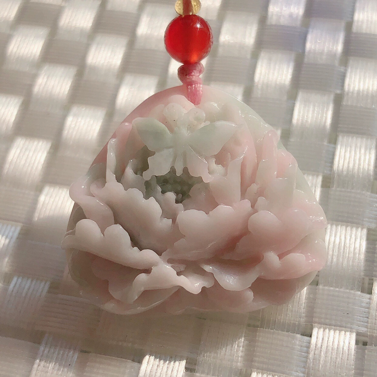 天然南阳独山玉芙蓉红精雕挂坠项链富贵平安如意牡丹花毛衣链吊坠