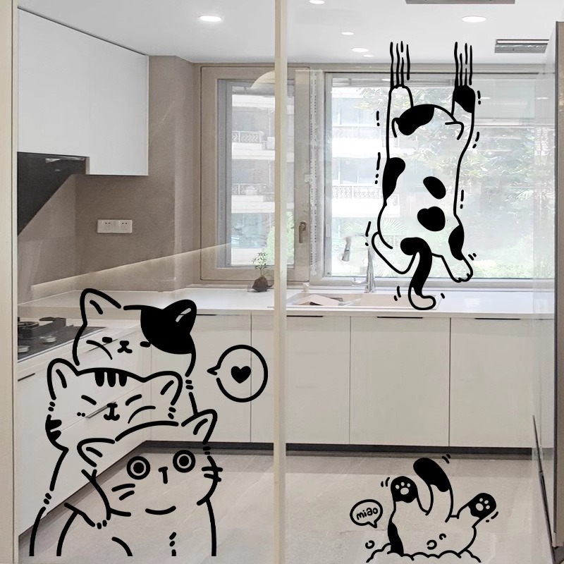 厨房门贴纸推拉双开玻璃门静电贴纸商店铺移门装饰创意猫咪窗贴画