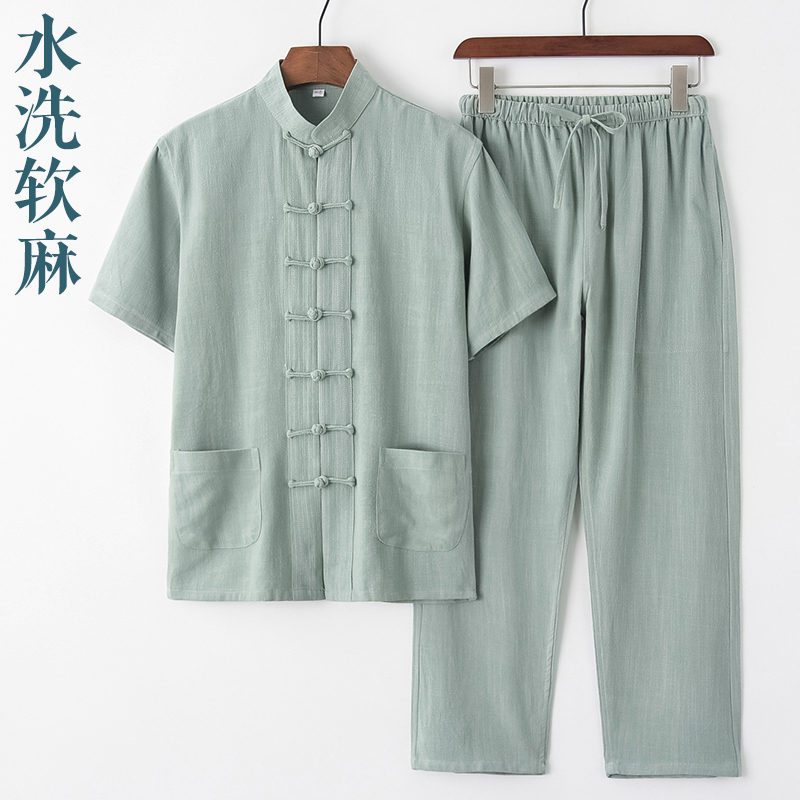 中国风夏季唐装男薄款棉麻短袖套装中