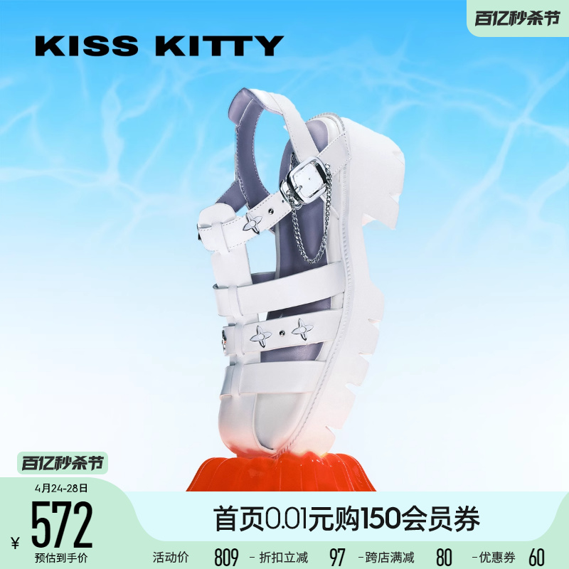 KISSKITTY猪笼鞋夏季新款方头粗跟休闲复古条带甜酷罗马凉鞋