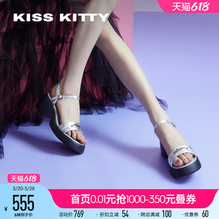 KISSKITTY2024年夏季新款法式凉鞋一字带坡跟女鞋外穿厚底运动凉