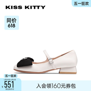 KISSKITTY2024年新款蝴蝶结芭蕾鞋平底玛丽珍鞋真皮法式低跟单鞋