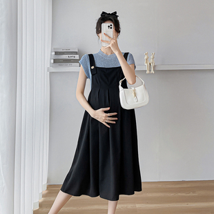 新款孕妇连衣裙套装黑色显瘦背带裙＋针织镂空短袖两件套韩版套装