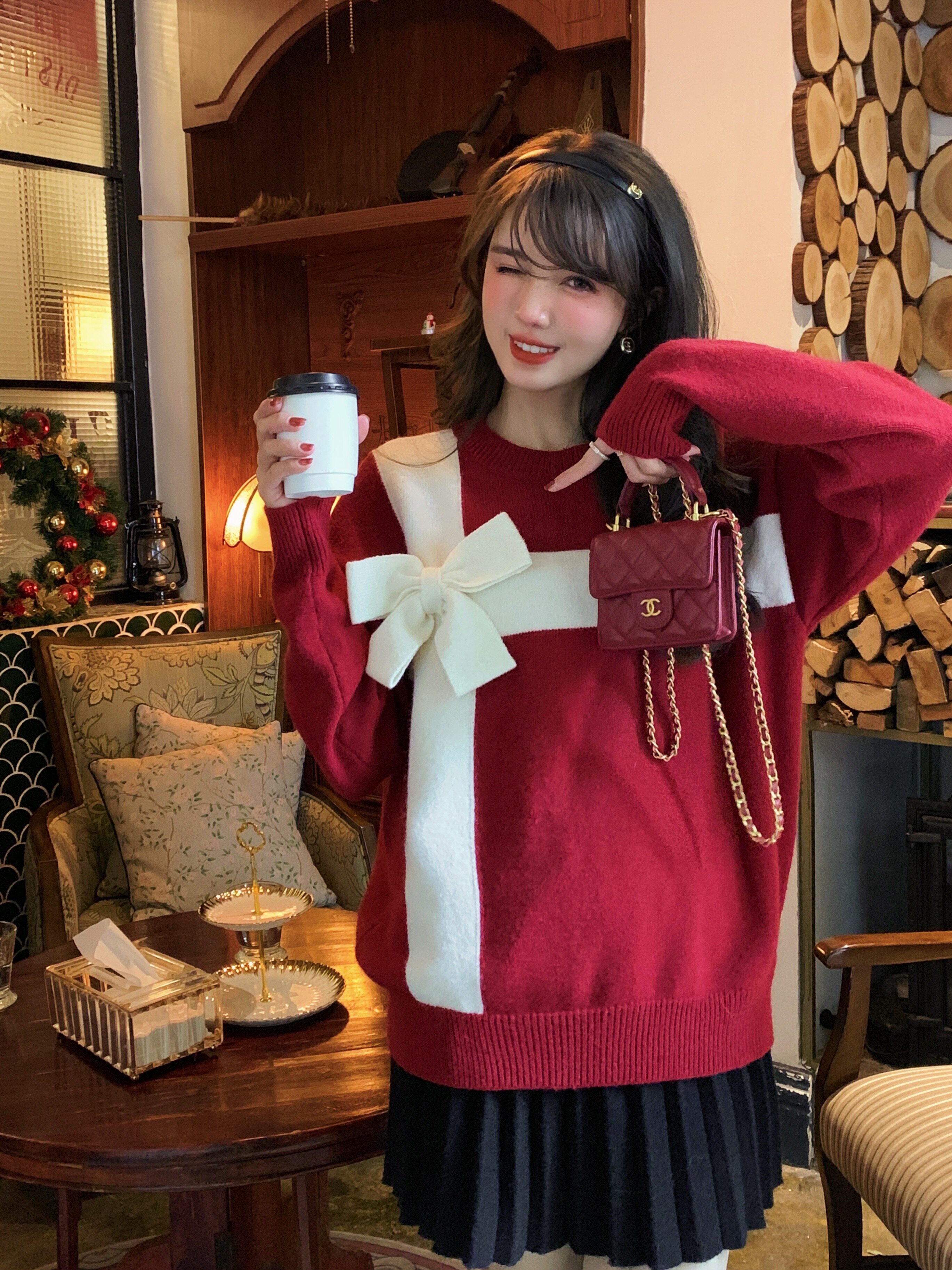玫瑰庄园红色小香风针织打底衫女圣诞毛衣短款外套上衣已售537新品